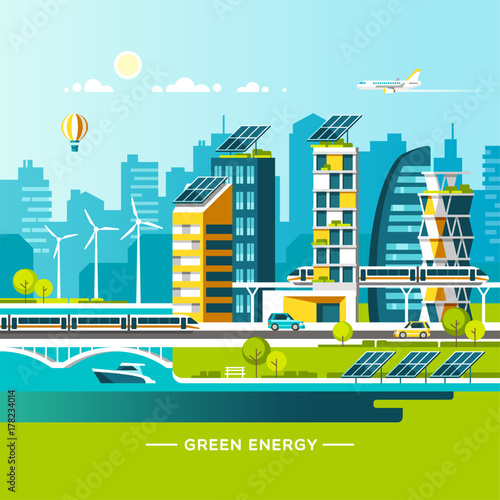 Green energy and eco friendly city. Solar and wind power. Urban landscape with modern houses and city transport. Vector illustration.