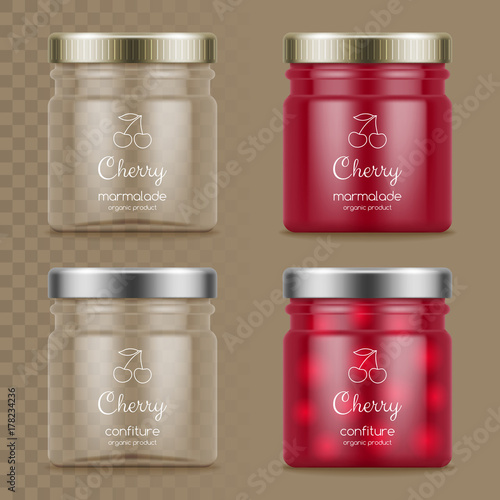 Glass jars with marmalade and confiture. Empty glass jars on transparent background. Vector illustration