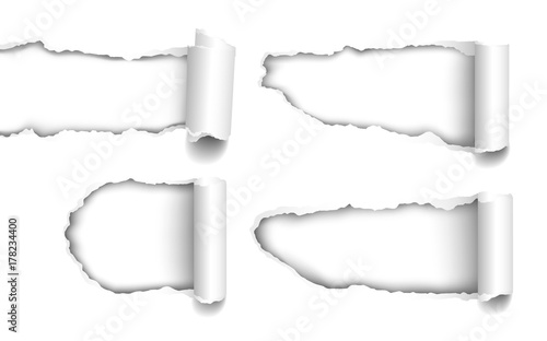 Set of realistic vector holes torn in paper with curled edges on white background