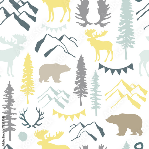 Forest seamless pattern. Wild nature. Ideal for cards, invitations, party, banners, baby shower, preschool and children room decoration.