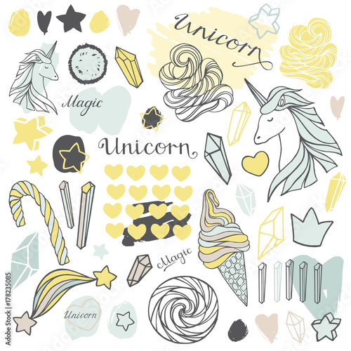 Hand drawn icons unicorns, crystals and sweets set on a white background. Hand drawn magic objects.