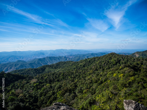 Nice landscape of green mountains, trees and the blue sky in Mon Jong, Chiangmai, Thailand.