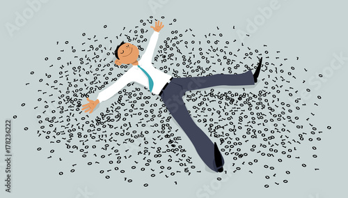 Man making a snow angel in a pile of computer code, EPS 8 vector illustration