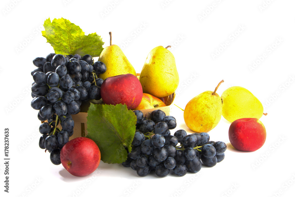 autumnal fruit in basket isolated on white background autumnal fruit in basket isolated on white background