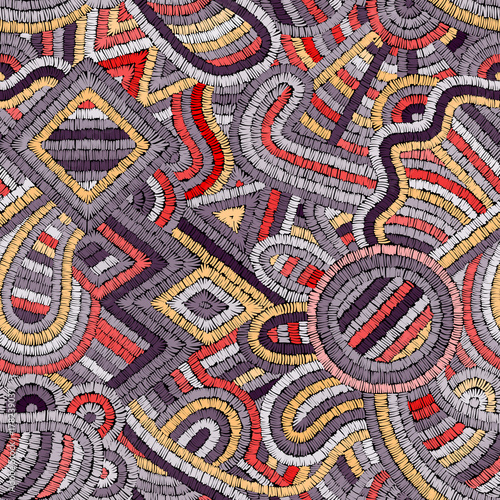 Embroidery - seamless ornament. Colored lines on a black background. Handmade. Ethnic and tribal motifs. Print in the bohemian style.