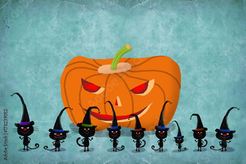 Halloween Kittens In Witch Hats Standing Before Huge Pumpkeen