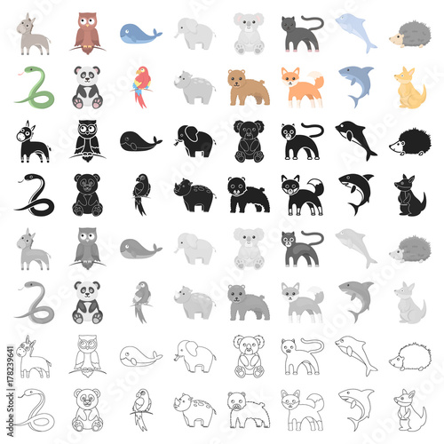 Deer, tiger, cow, cat, rooster, owl and other animal species.Animals set collection icons in cartoon style vector symbol stock illustration web.