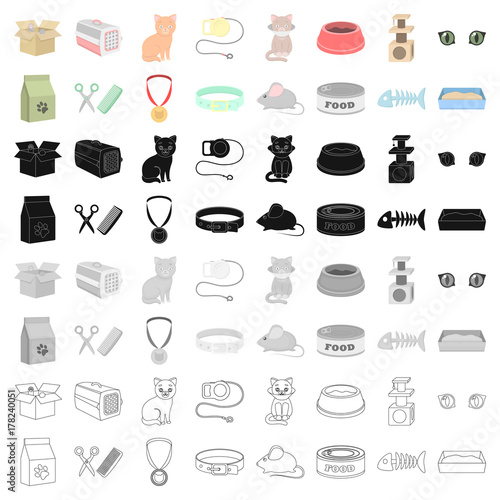 Cat equipment set icons in cartoon style. Big collection of cat equipment vector symbol stock illustration