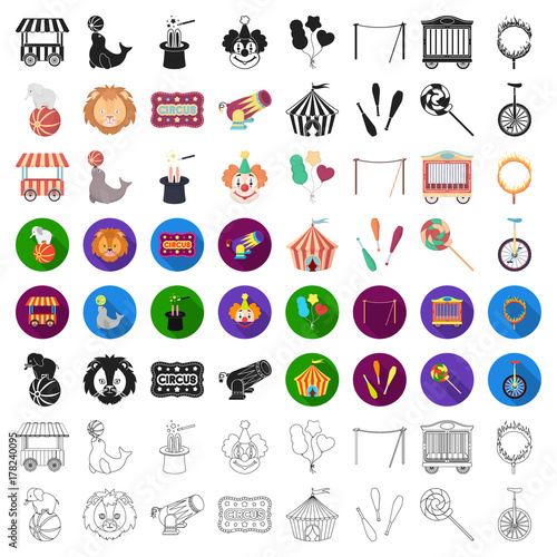 Circus set icons in cartoon style. Big collection of circus vector illustration symbol.