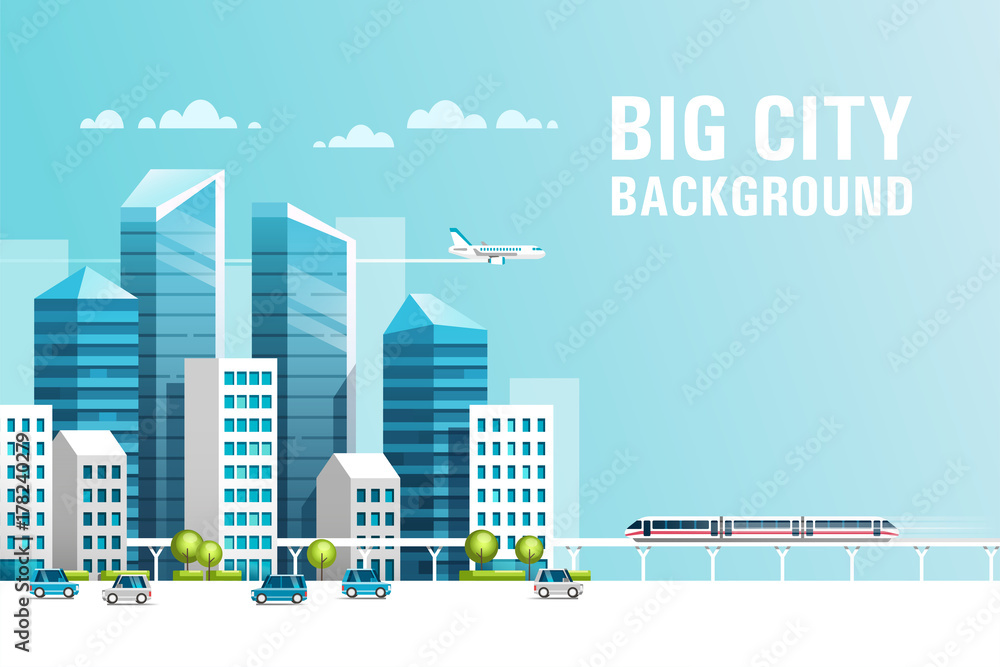 Big city. Urban landscape with buildings, skyscrapers and municipal transport. Real estate and construction industry concept. Vector illustration.