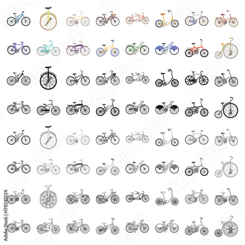 Different models of bicycles. Different bicycle set collection icons in cartoon style vector symbol stock illustration web.