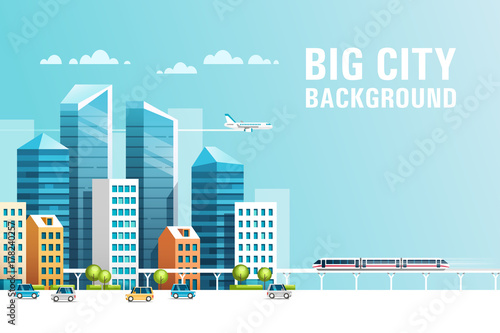 Big city. Urban landscape with buildings, skyscrapers and municipal transport. Real estate and construction industry concept. Vector illustration.