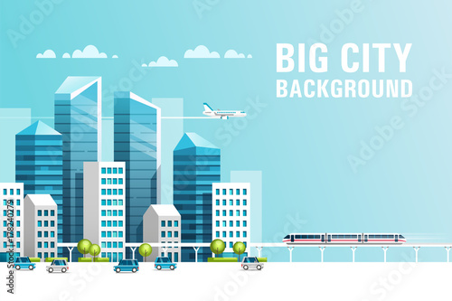 Big city. Urban landscape with buildings, skyscrapers and municipal transport. Real estate and construction industry concept. Vector illustration.