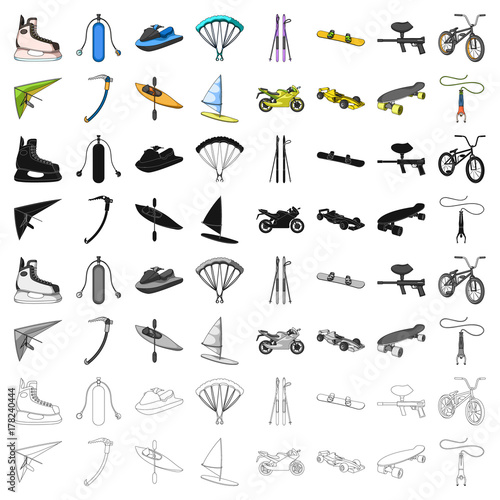 Motorcycle racing, downhill skiing, jumping, parachuting and other sports. Extreme sports set collection icons in cartoon style vector symbol stock illustration web.