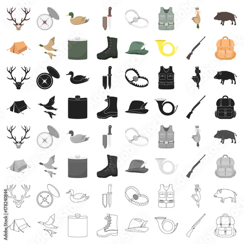 Hunting set icons in cartoon style. Big collection of hunting vector symbol stock illustration