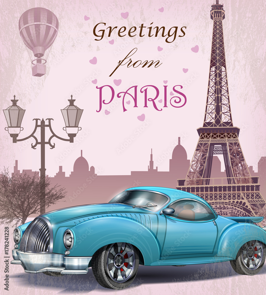 Plakat Vintage turystyczne karty z pozdrowieniami. Paryż