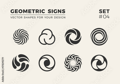 Set of eight minimalistic shapes. Stylish vector logo emblems for Your design. Simple creative geometric signs collection.