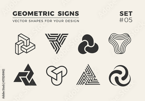 Set of eight minimalistic shapes. Stylish vector logo emblems for Your design. Simple creative geometric signs collection.