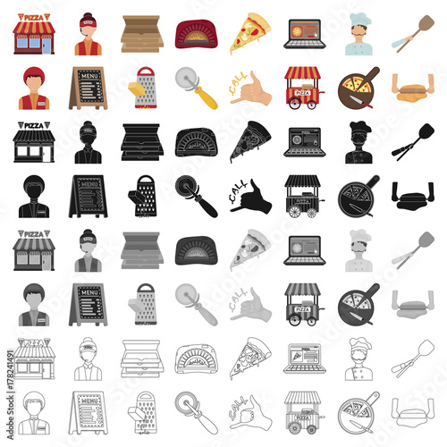 Pizza and pizzeria set icons in cartoon style. Big collection of pizza and pizzeria vector symbol stock illustration