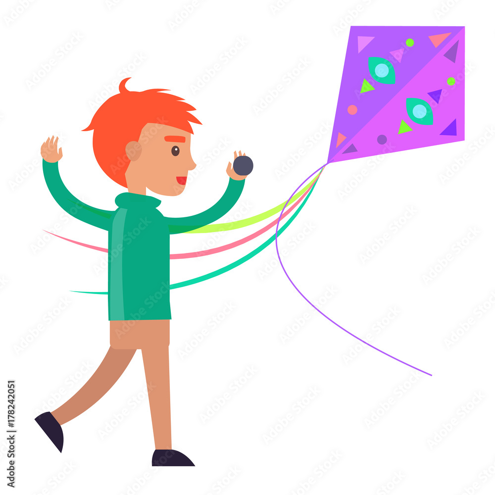 Redhead Boy Plays with Colorful Kite Illustration Redhead Boy Plays with Colorful Kite Illustration