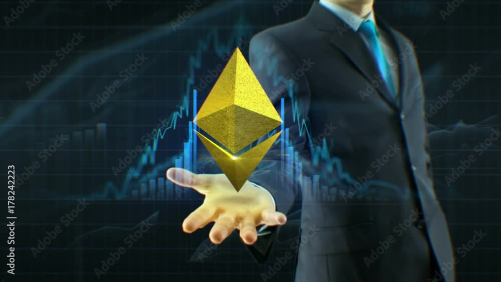 Business man, businessman hold ethereum, ether cash icon on hand growth of quotations, currency, exchange grow up concept