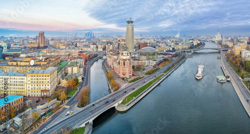 Aerial panorama of Moscow nearby the confluence of Vodootvodny Canal and Moskva river