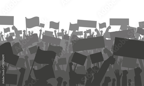 Cheering or protesting crowd with flags