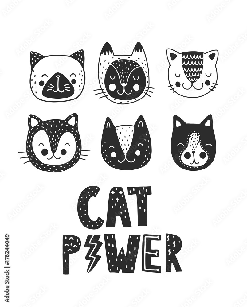Poster with cats and lettering. Cat power. Hand drawn vector illustration.