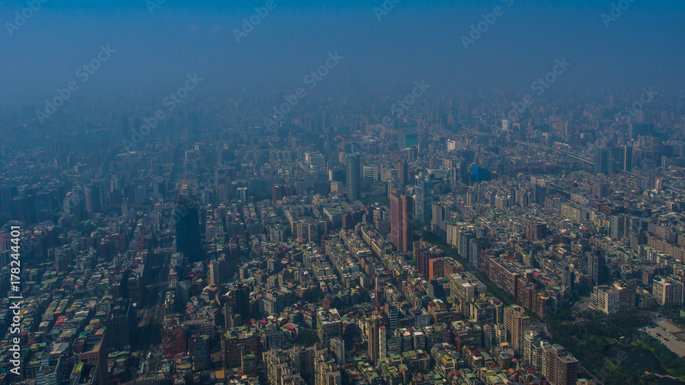 The city view of Taipei, the capital city of Taiwan. The location of the view point is from the highest skyscraper or the best landmark in Taiwan named Taipei 101