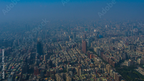 The city view of Taipei, the capital city of Taiwan. The location of the view point is from the highest skyscraper or the best landmark in Taiwan named Taipei 101