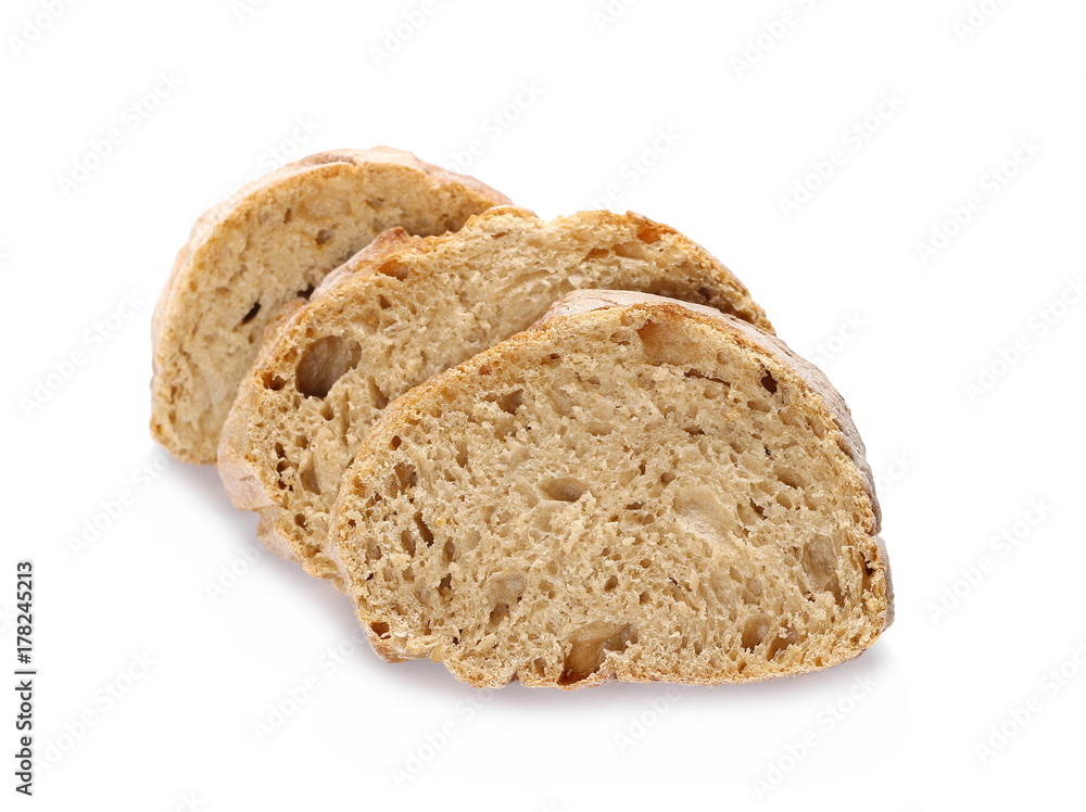 Whole wheat bread slices without additives, isolated on white background Whole wheat bread slices without additives, isolated on white background