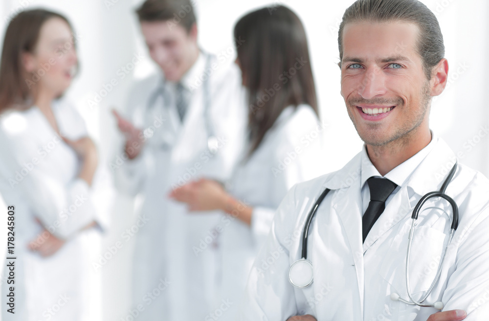 Fototapeta premium smiling doctor therapist on blurred background.