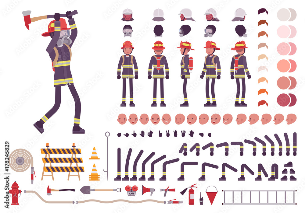 Fototapeta premium Firefighter character creation set