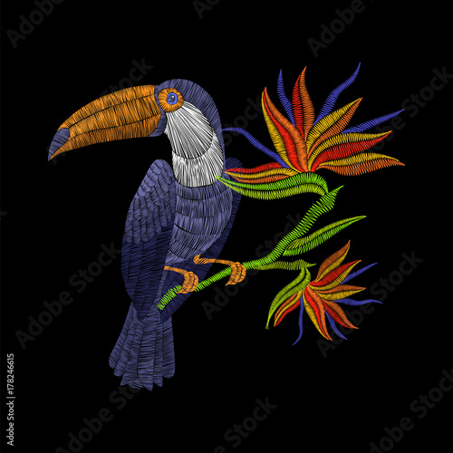 Embroidery toucan with tropical flowers. Vector artwork illustration for fashion clothing, patches and stickers. Exotic bird and hawaii leaves for decor, fabric design elements.