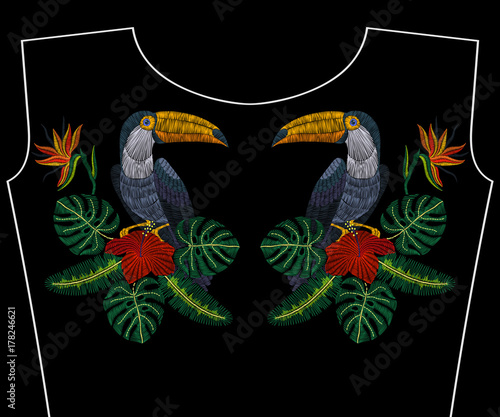 Embroidery toucan with tropical flowers for fashion necklace, vector illustration for girls dress, woman t-shirt, design apparel, vintage graphic stitch, modern style.