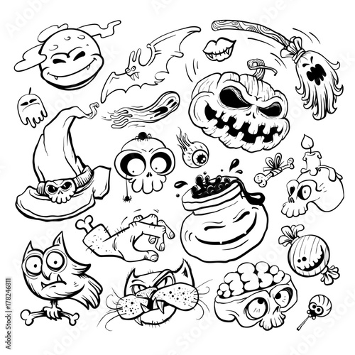 Halloween graphics ink collection - pumpkin, witch hat, owl, cat