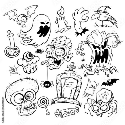 Hand drawn halloween graphic symbols ink collection