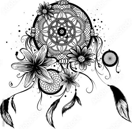 Naklejka Czarno-biały łapacz snów z piór i kwiatów