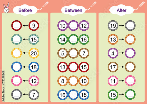 What comes Before-Between and After, math worksheets for kids