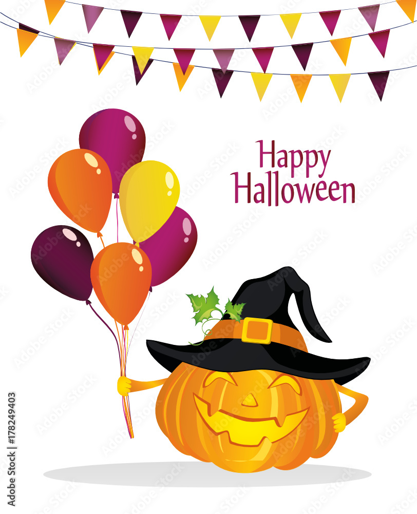 Halloween. Pumpkin in a witch hat with lot of balloons. Vector. Halloween. Pumpkin in a witch hat with lot of balloons. Vector.