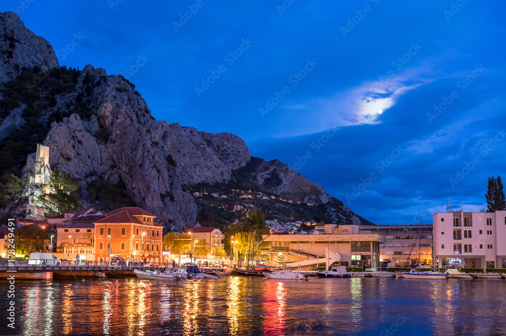 A Port for Boats and Yachts in Omis, Croatia at Night, Blue Hour