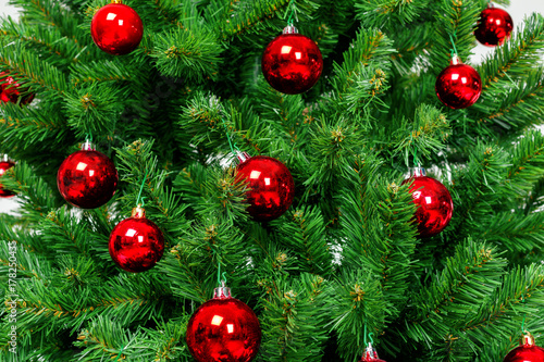 Christmas tree with ornaments, close-up
