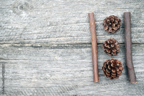 Still life composition with pine cones and wooden sticks. Vintage composition with Christmas theme