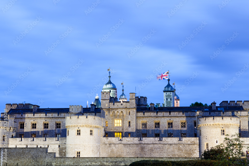 London nights at London Tower castle during the blue hour
