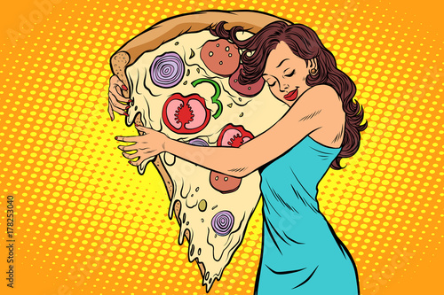woman hugging a pizza