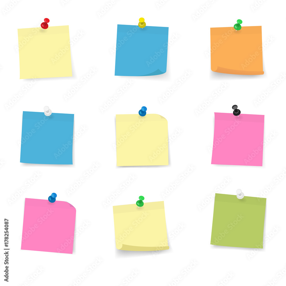 Adhesive Notes with push pin collection, multi colored vector illustration, isolated on White Cut out