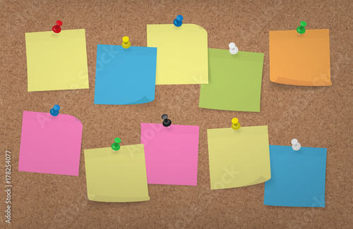 Adhesive Notes with push pins on a large Cork Board Background, multi colored vector illustration
