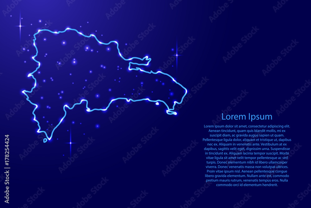 Map Dominican Republic from the contours network blue, luminous space stars for banner, poster, greeting card, of vector illustration