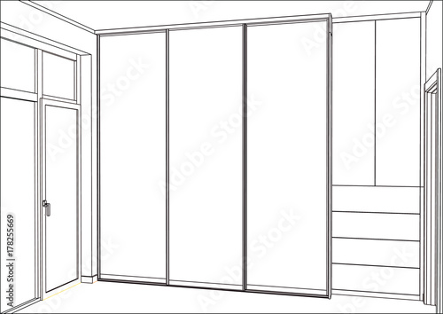 3D vector sketch isolated on white background. Empty wardrobe with sliding doors in the interior. Wardrobe sketch. Home Interior Design Software Programs.