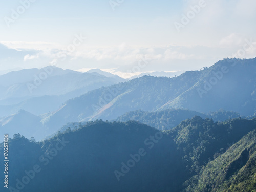 Fototapeta Naklejka Na Ścianę i Meble -  The pattern of green slope and peaks of mountain ridges with the late morning's soft light. This great peaceful place uses 1 day for trekking at Doi Phu Wae, Nan province, Thailand
